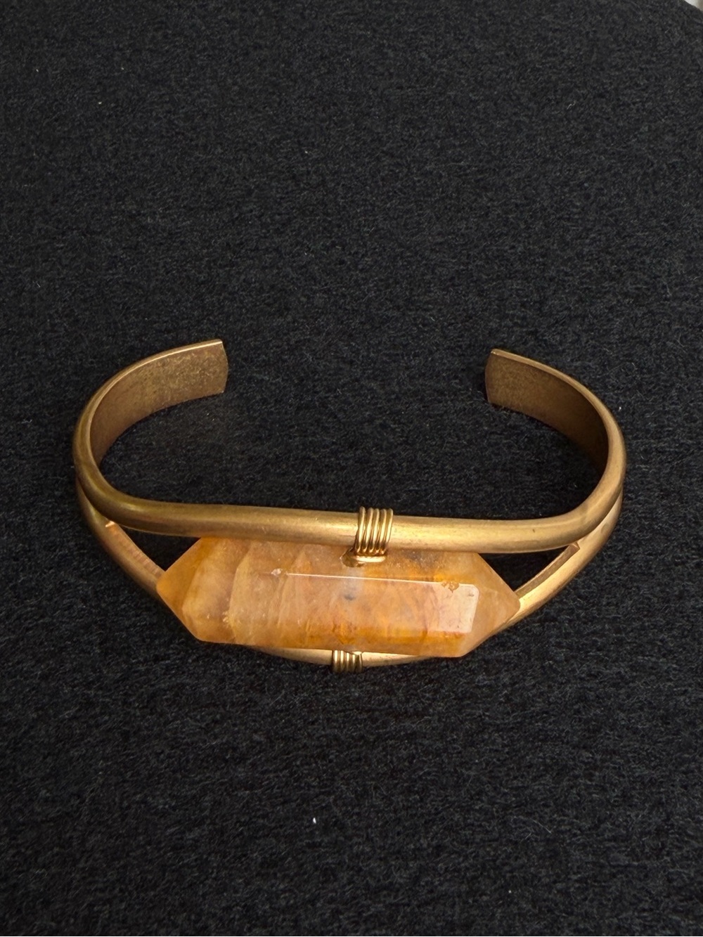 Boho Gold Tone Orange Crystal Quartz Cuff Bracelet Wire Wrapped - Picture 2 of 5